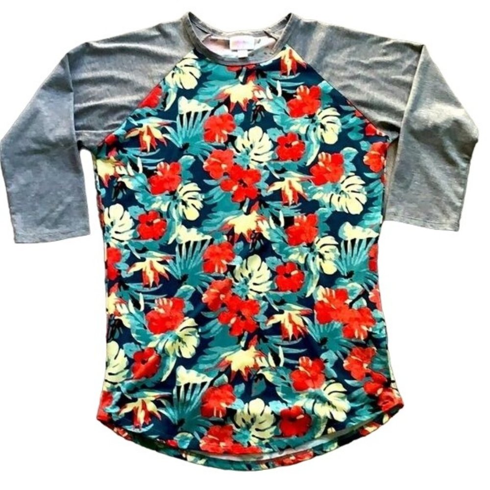 Lularoe Tropical Baseball Raglan T Shirt XS Grey Floral 3/4 Sleeves Round Neck